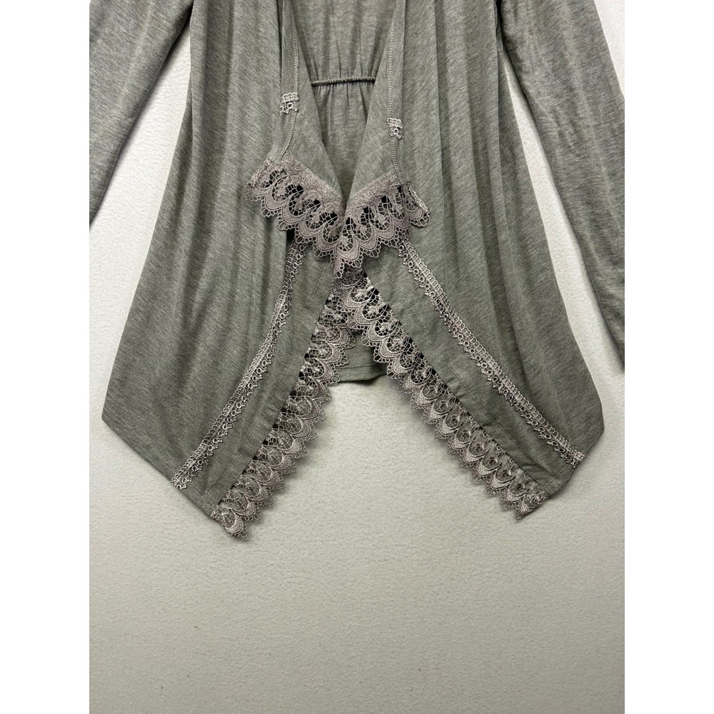 Boho One World Womens Med Gray Lace Trim Open Front Waterfall Cardigan Sweater - Picture 11 of 12